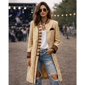 MeBaz Gold Brocade Beaded Sherwani Long Coat Wine Velvet Luxury Statement Sz L